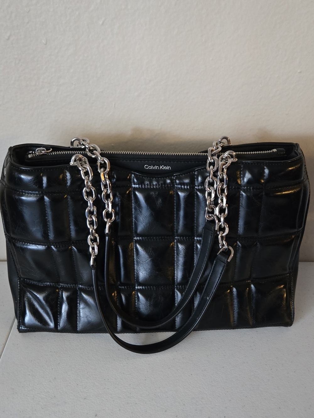 Calvin Klein Nova Quilted Triple Compartment Tote Black Silver Chain